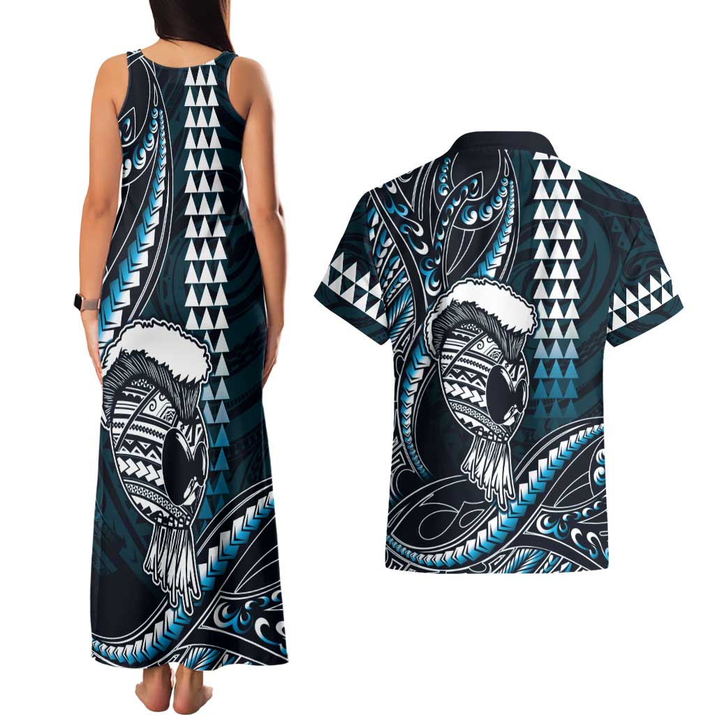 Hawaii Ikaika Warrior Helmet Couples Matching Tank Maxi Dress and Hawaiian Shirt Blue Tribal Tattoo