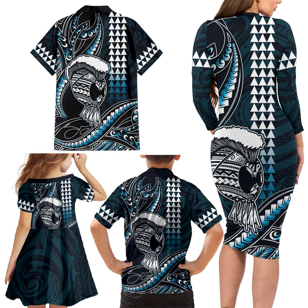 Hawaii Ikaika Warrior Helmet Family Matching Long Sleeve Bodycon Dress and Hawaiian Shirt Blue Tribal Tattoo