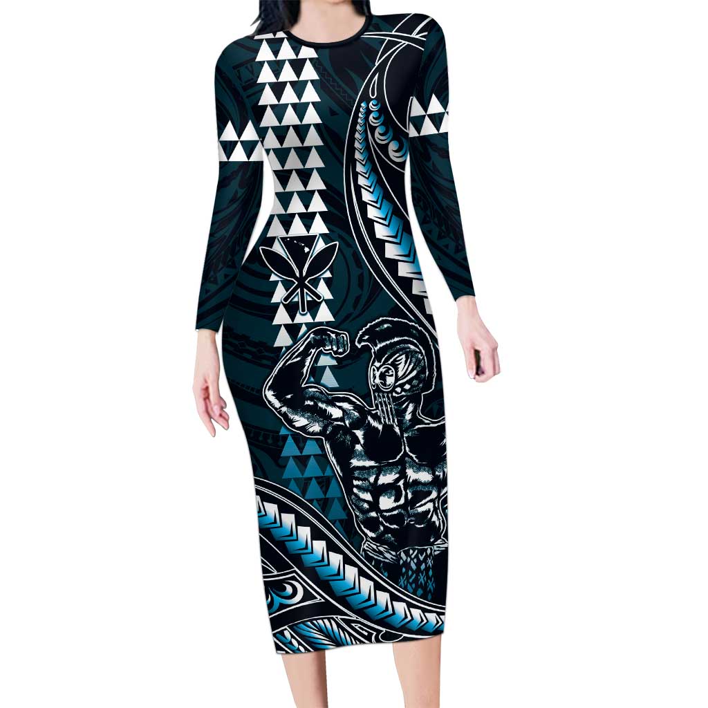 Hawaii Ikaika Warrior Helmet Family Matching Long Sleeve Bodycon Dress and Hawaiian Shirt Blue Tribal Tattoo