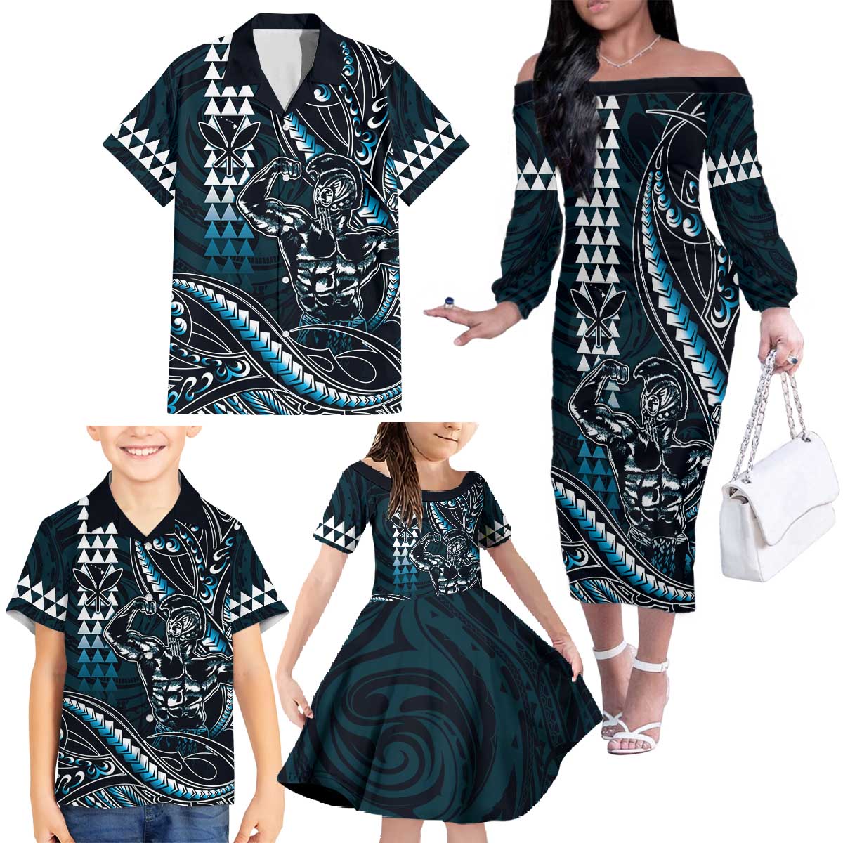 Hawaii Ikaika Warrior Helmet Family Matching Off The Shoulder Long Sleeve Dress and Hawaiian Shirt Blue Tribal Tattoo