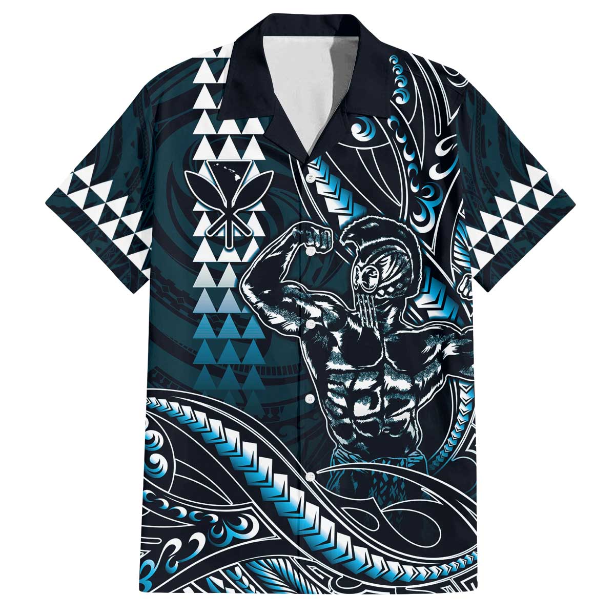 Hawaii Ikaika Warrior Helmet Family Matching Off The Shoulder Long Sleeve Dress and Hawaiian Shirt Blue Tribal Tattoo