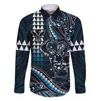 Hawaii Ikaika Warrior Helmet Family Matching Off The Shoulder Long Sleeve Dress and Hawaiian Shirt Blue Tribal Tattoo