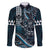 Hawaii Ikaika Warrior Helmet Family Matching Off The Shoulder Long Sleeve Dress and Hawaiian Shirt Blue Tribal Tattoo