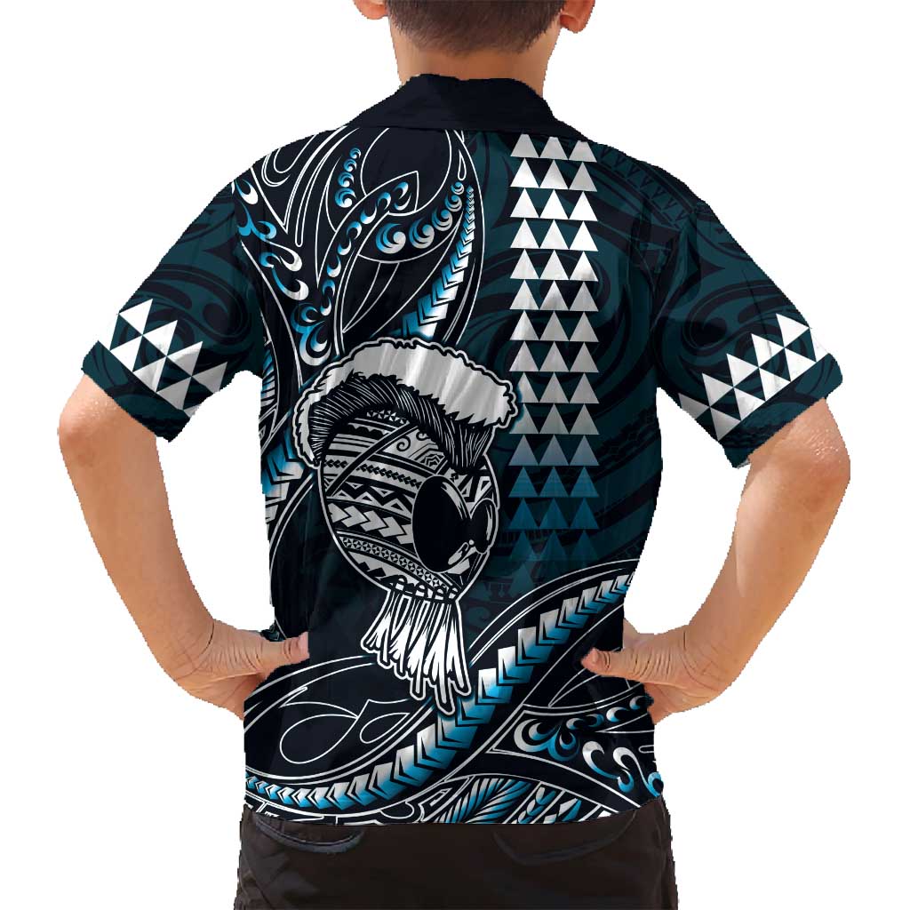 Hawaii Ikaika Warrior Helmet Family Matching Off Shoulder Short Dress and Hawaiian Shirt Blue Tribal Tattoo