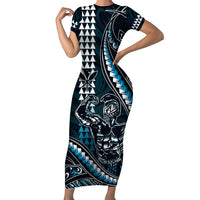 Hawaii Ikaika Warrior Helmet Family Matching Short Sleeve Bodycon Dress and Hawaiian Shirt Blue Tribal Tattoo