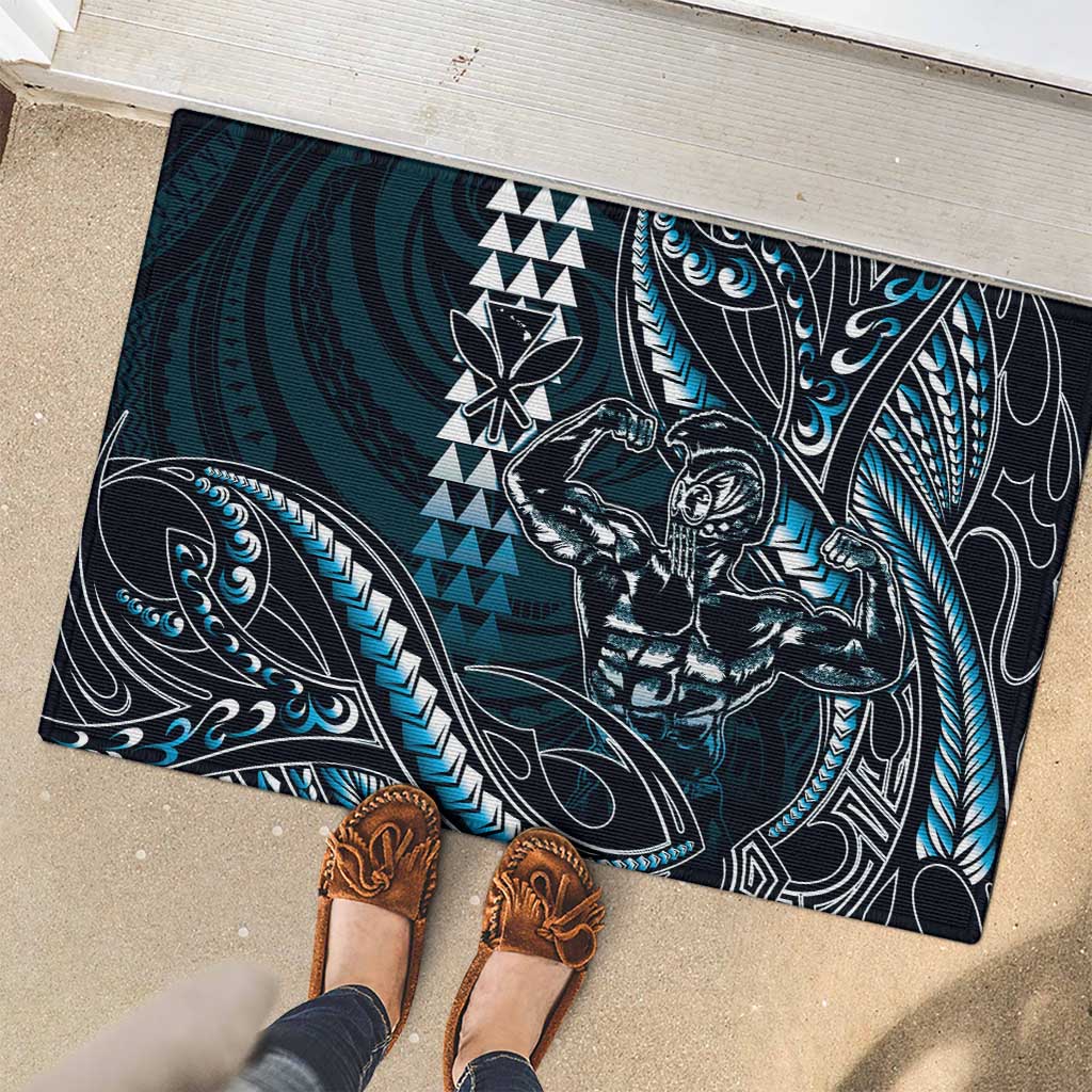 Hawaii Ikaika Warrior Helmet Rubber Doormat Blue Tribal Tattoo