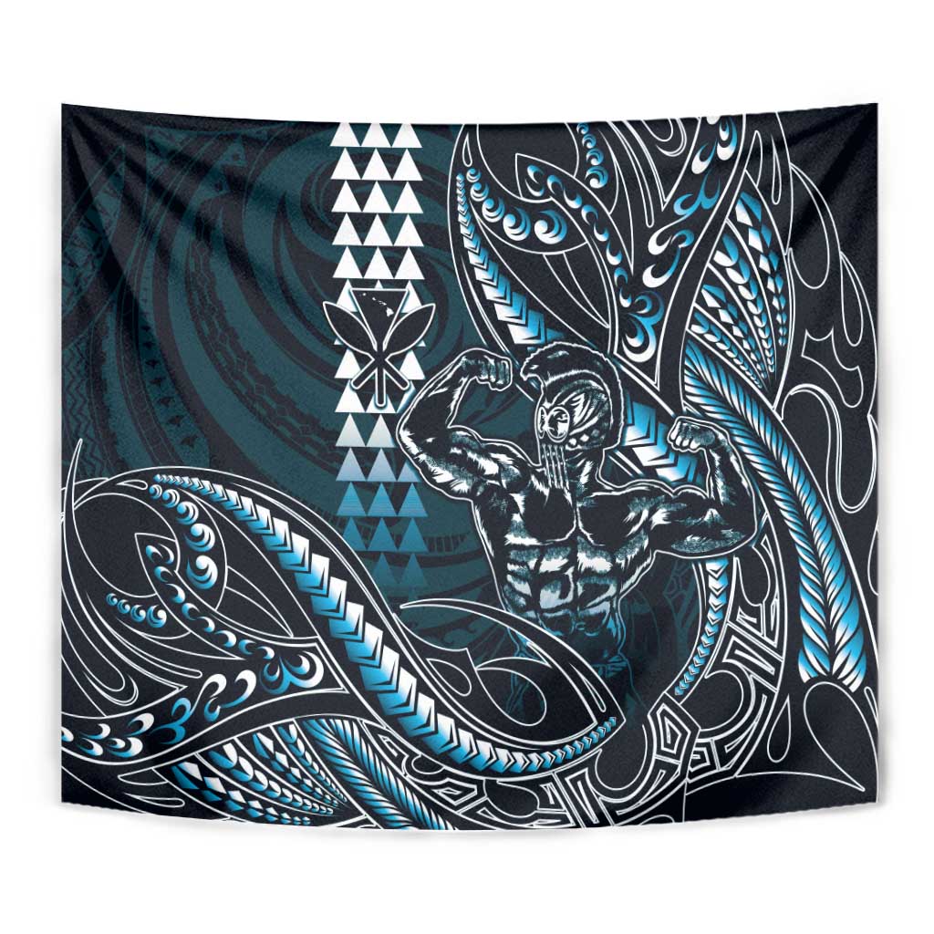 Hawaii Ikaika Warrior Helmet Tapestry Blue Tribal Tattoo