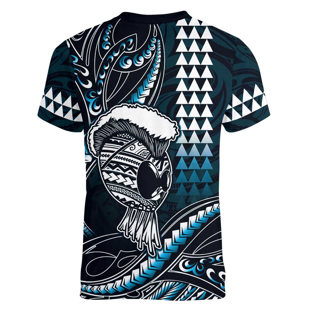 Hawaii Ikaika Warrior Helmet Women V-Neck T-Shirt Blue Tribal Tattoo