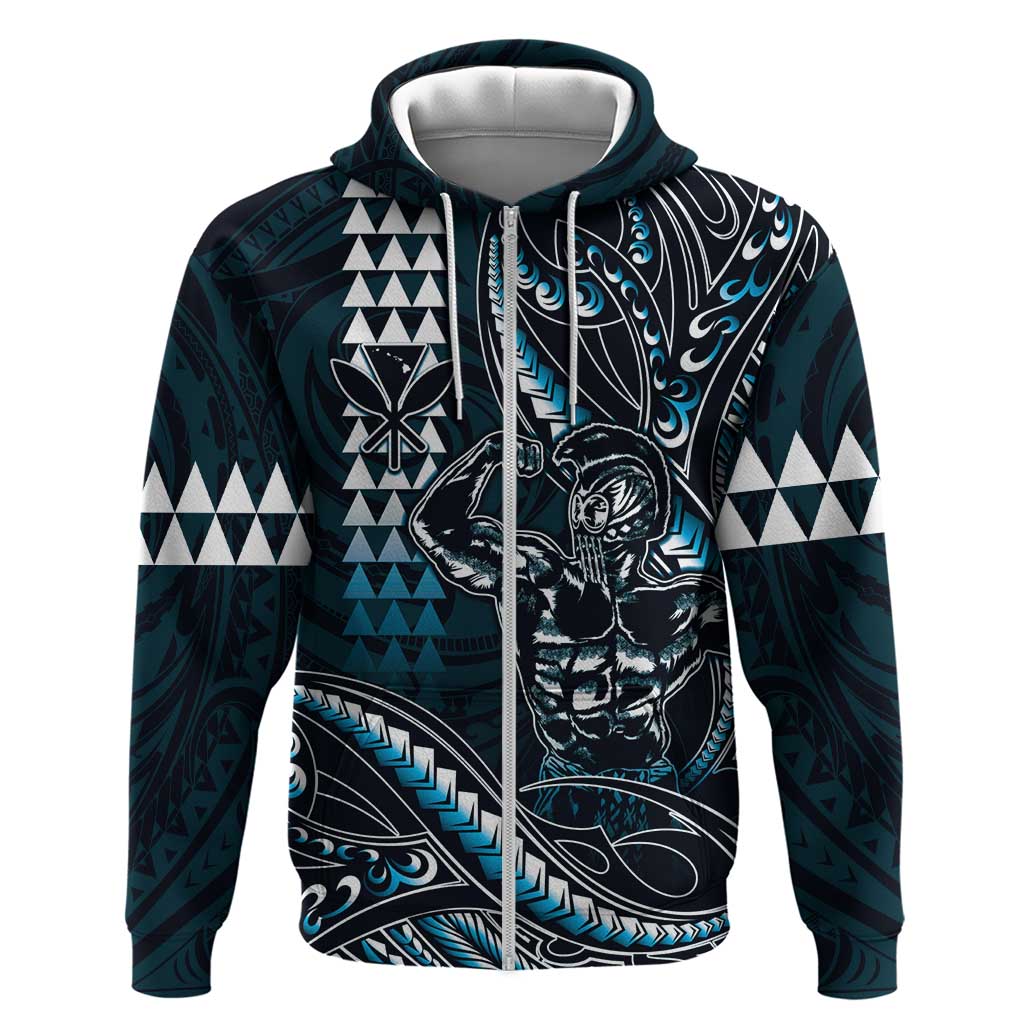Hawaii Ikaika Warrior Helmet Zip Hoodie Blue Tribal Tattoo