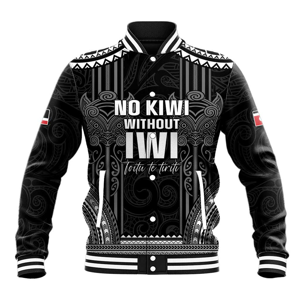 Aotearoa Toitu Te Tiriti Baseball Jacket No Kiwi Without Iwi LT05 Unisex Black - Polynesian Pride