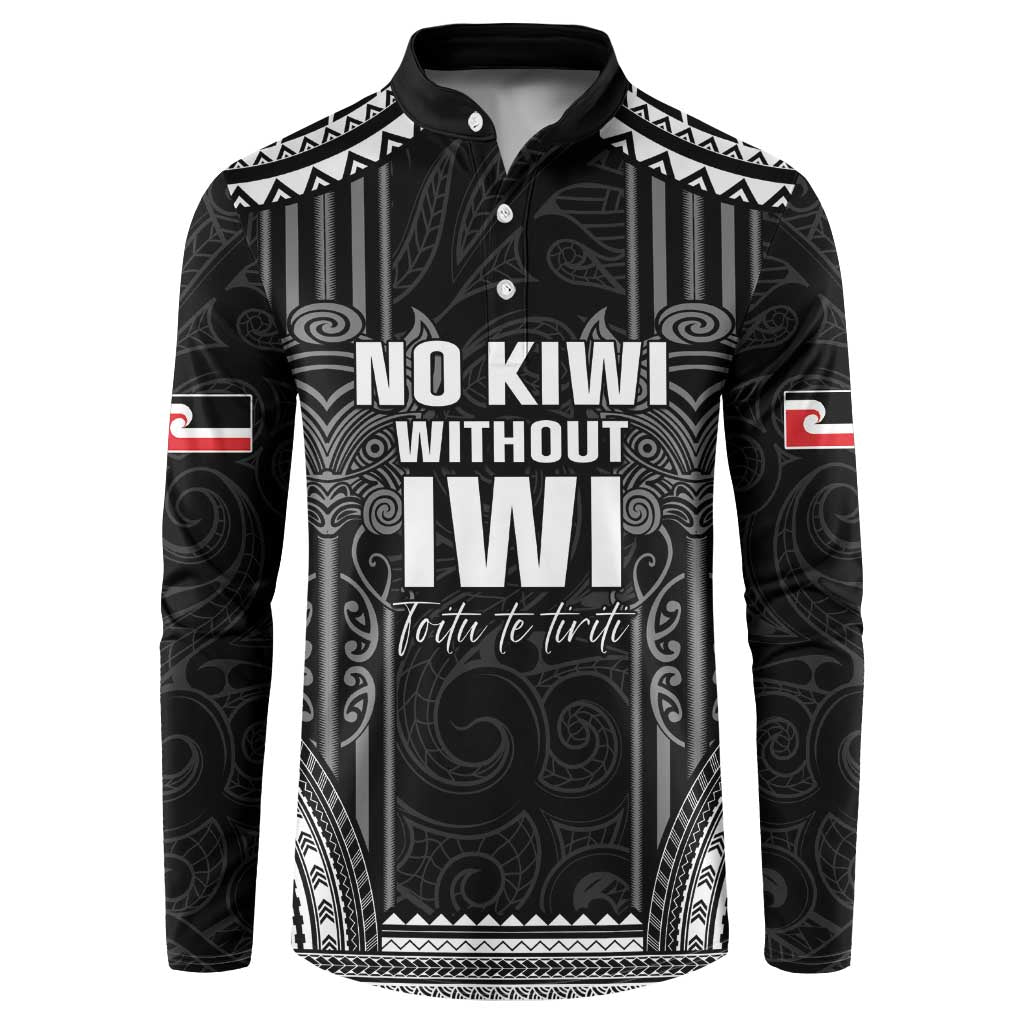 Aotearoa Toitu Te Tiriti Button Sweatshirt No Kiwi Without Iwi LT05 Black - Polynesian Pride