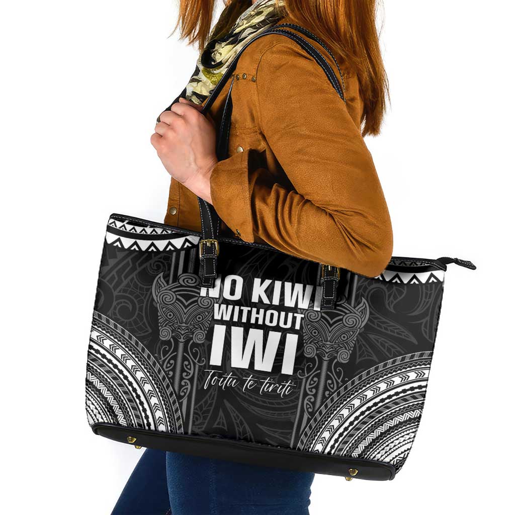 Aotearoa Toitu Te Tiriti Leather Tote Bag No Kiwi Without Iwi LT05 Black - Polynesian Pride