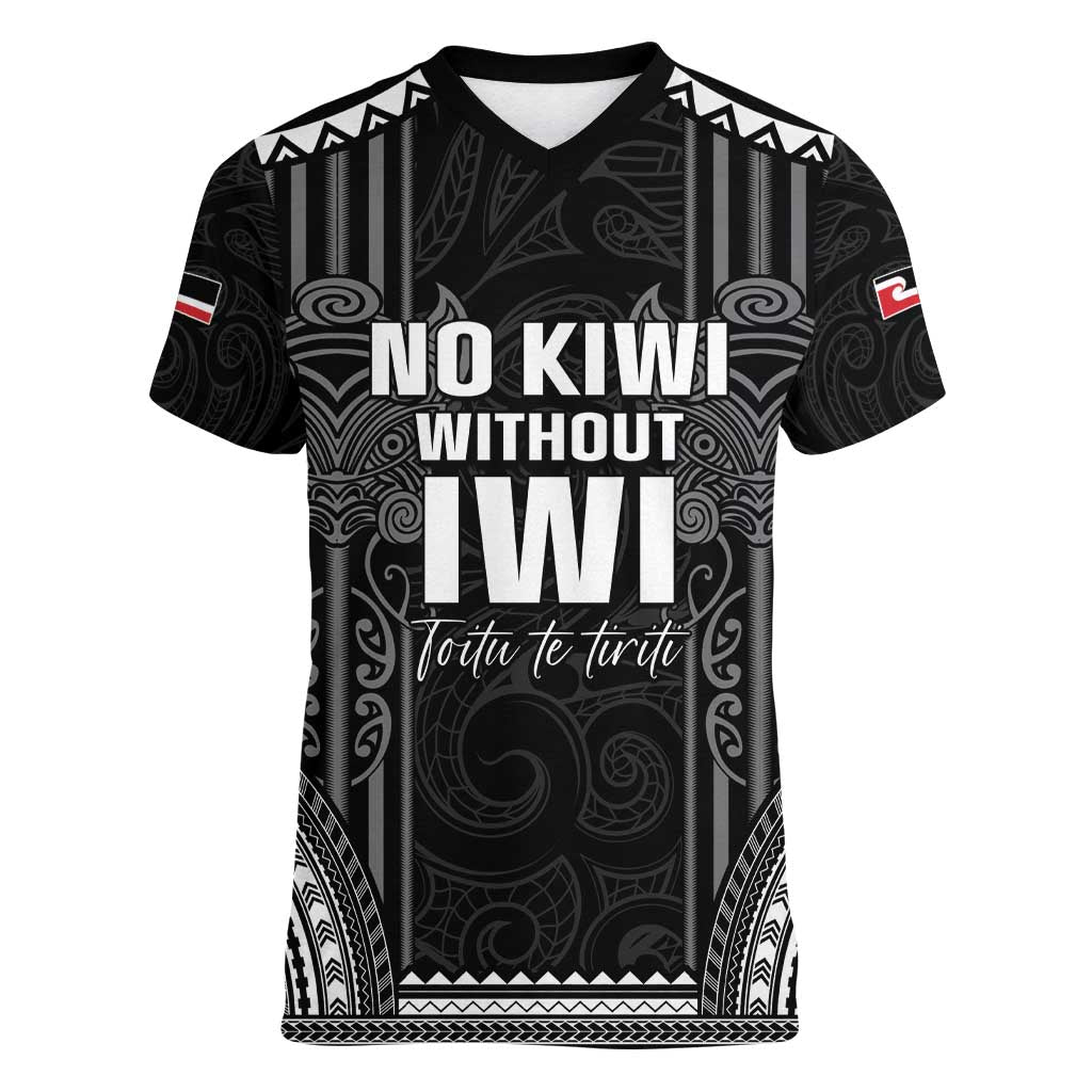 Aotearoa Toitu Te Tiriti Women V-Neck T-Shirt No Kiwi Without Iwi LT05 Female Black - Polynesian Pride