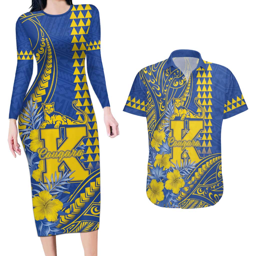 Personalised Hawaii Kaiser High School Couples Matching Long Sleeve Bodycon Dress and Hawaiian Shirt Tribal Tattoo With Hibiscus Flowers