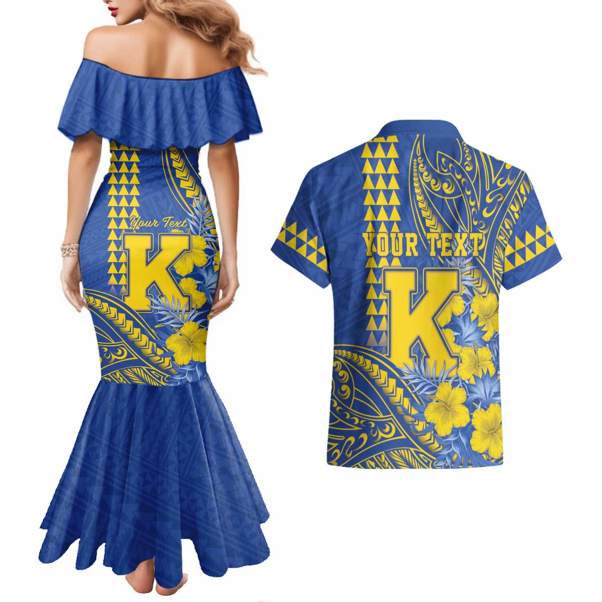 Personalised Hawaii Kaiser High School Couples Matching Mermaid Dress and Hawaiian Shirt Tribal Tattoo With Hibiscus Flowers