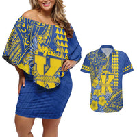 Personalised Hawaii Kaiser High School Couples Matching Off Shoulder Short Dress and Hawaiian Shirt Tribal Tattoo With Hibiscus Flowers