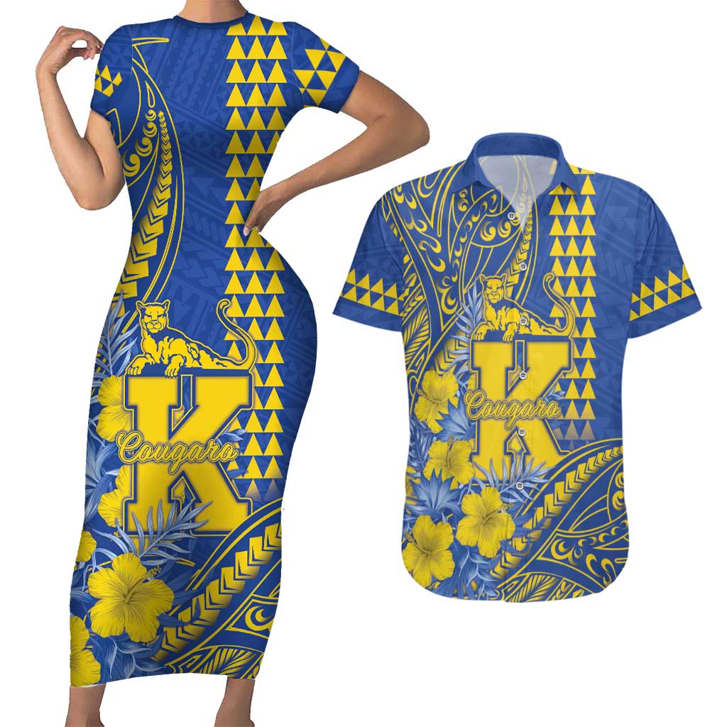Personalised Hawaii Kaiser High School Couples Matching Short Sleeve Bodycon Dress and Hawaiian Shirt Tribal Tattoo With Hibiscus Flowers