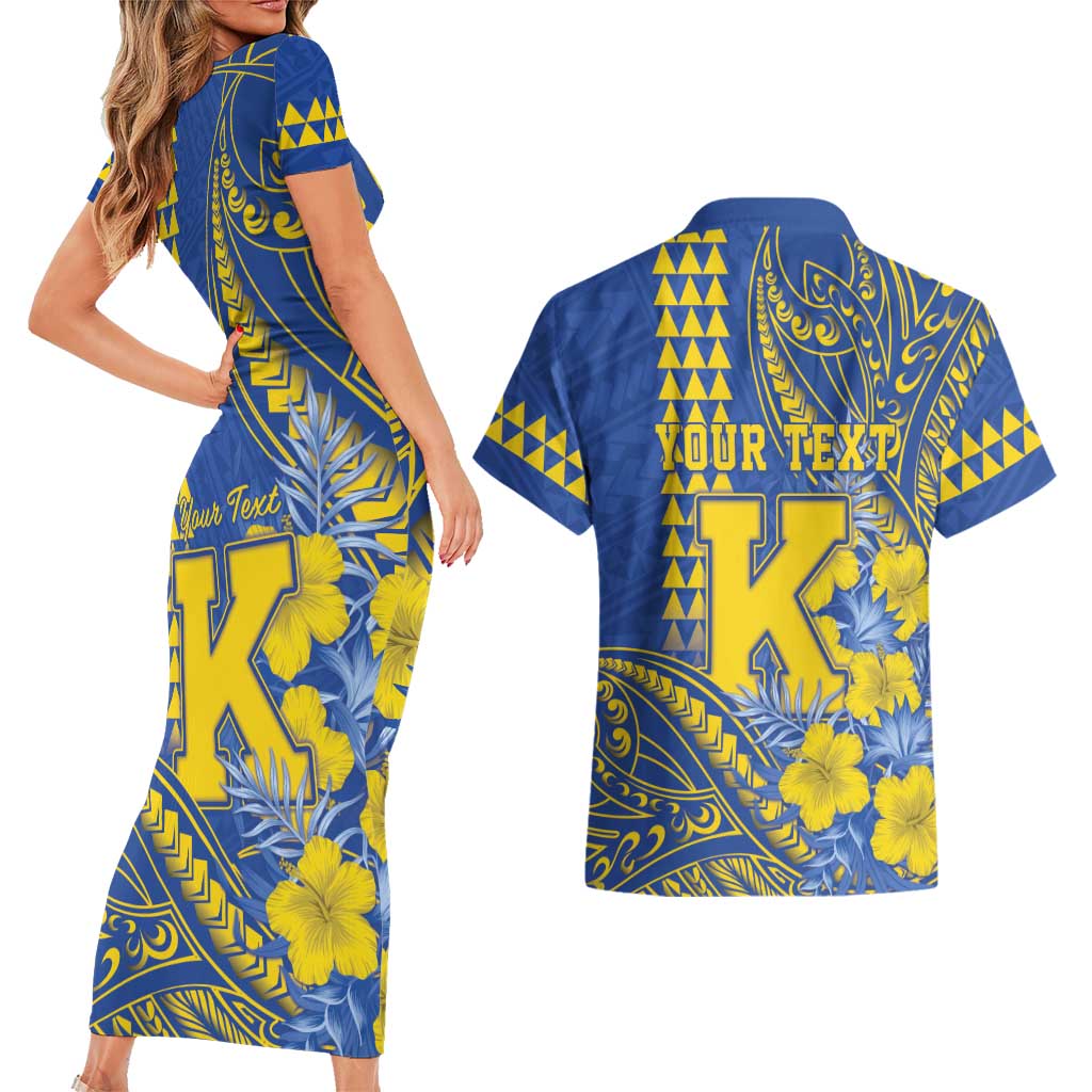 Personalised Hawaii Kaiser High School Couples Matching Short Sleeve Bodycon Dress and Hawaiian Shirt Tribal Tattoo With Hibiscus Flowers