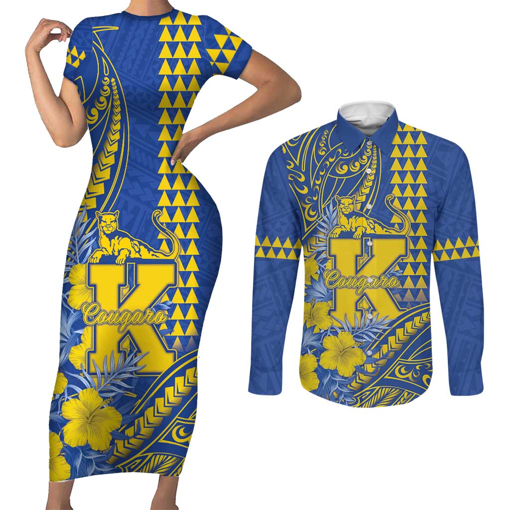 Personalised Hawaii Kaiser High School Couples Matching Short Sleeve Bodycon Dress and Long Sleeve Button Shirt Tribal Tattoo With Hibiscus Flowers LT05 Blue - Polynesian Pride