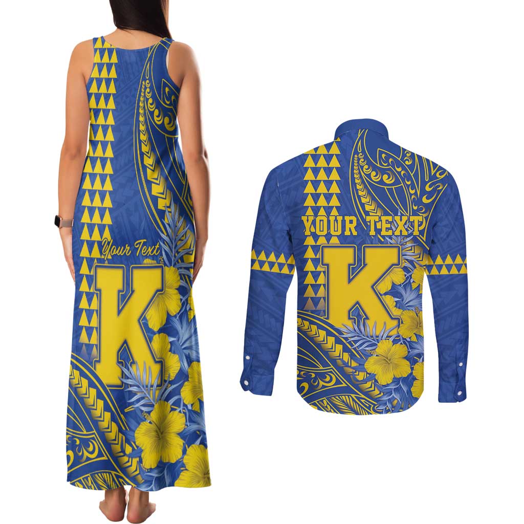 Personalised Hawaii Kaiser High School Couples Matching Tank Maxi Dress and Long Sleeve Button Shirt Tribal Tattoo With Hibiscus Flowers