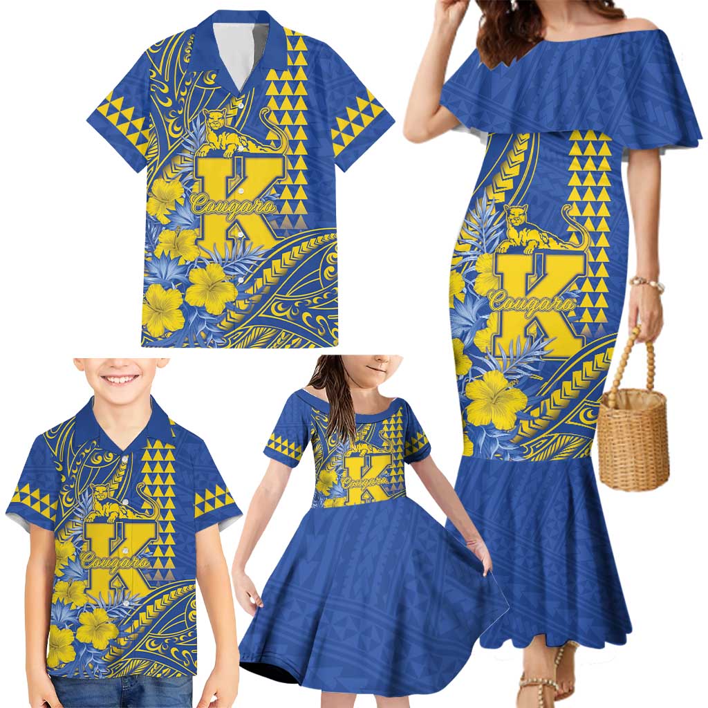 Personalised Hawaii Kaiser High School Family Matching Mermaid Dress and Hawaiian Shirt Tribal Tattoo With Hibiscus Flowers