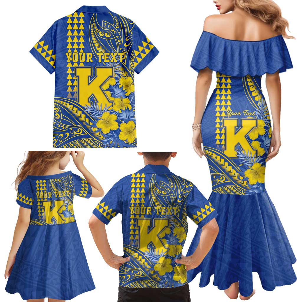 Personalised Hawaii Kaiser High School Family Matching Mermaid Dress and Hawaiian Shirt Tribal Tattoo With Hibiscus Flowers