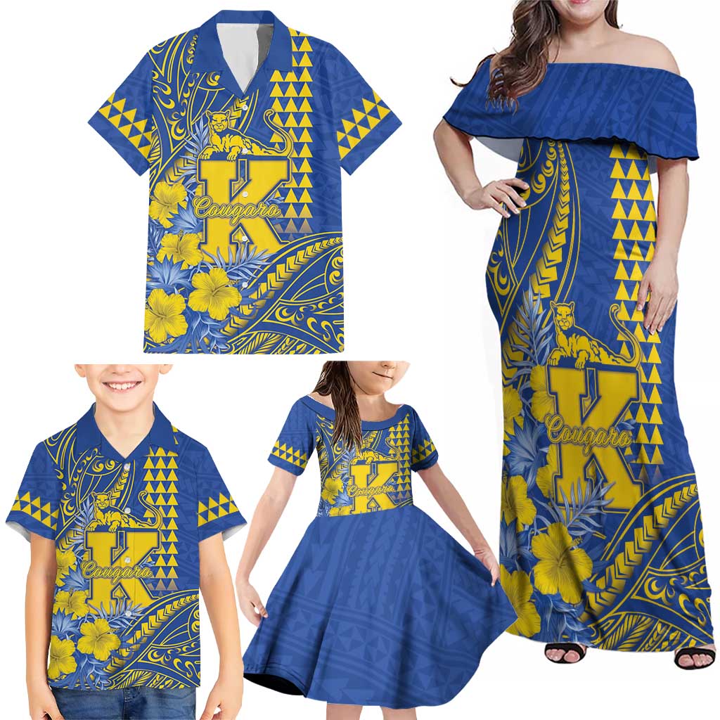 Personalised Hawaii Kaiser High School Family Matching Off Shoulder Maxi Dress and Hawaiian Shirt Tribal Tattoo With Hibiscus Flowers