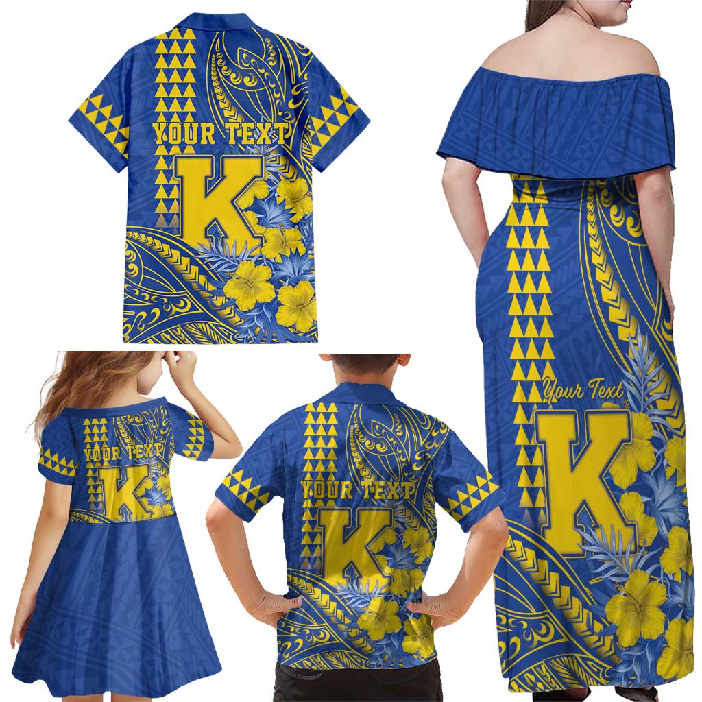 Personalised Hawaii Kaiser High School Family Matching Off Shoulder Maxi Dress and Hawaiian Shirt Tribal Tattoo With Hibiscus Flowers