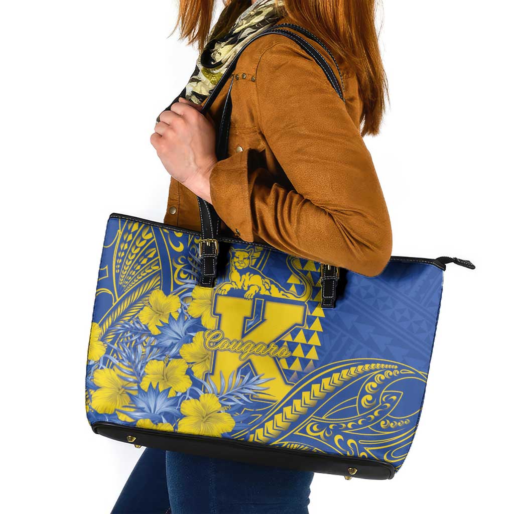 Hawaii Kaiser High School Leather Tote Bag Tribal Tattoo With Hibiscus Flowers LT05 Blue - Polynesian Pride
