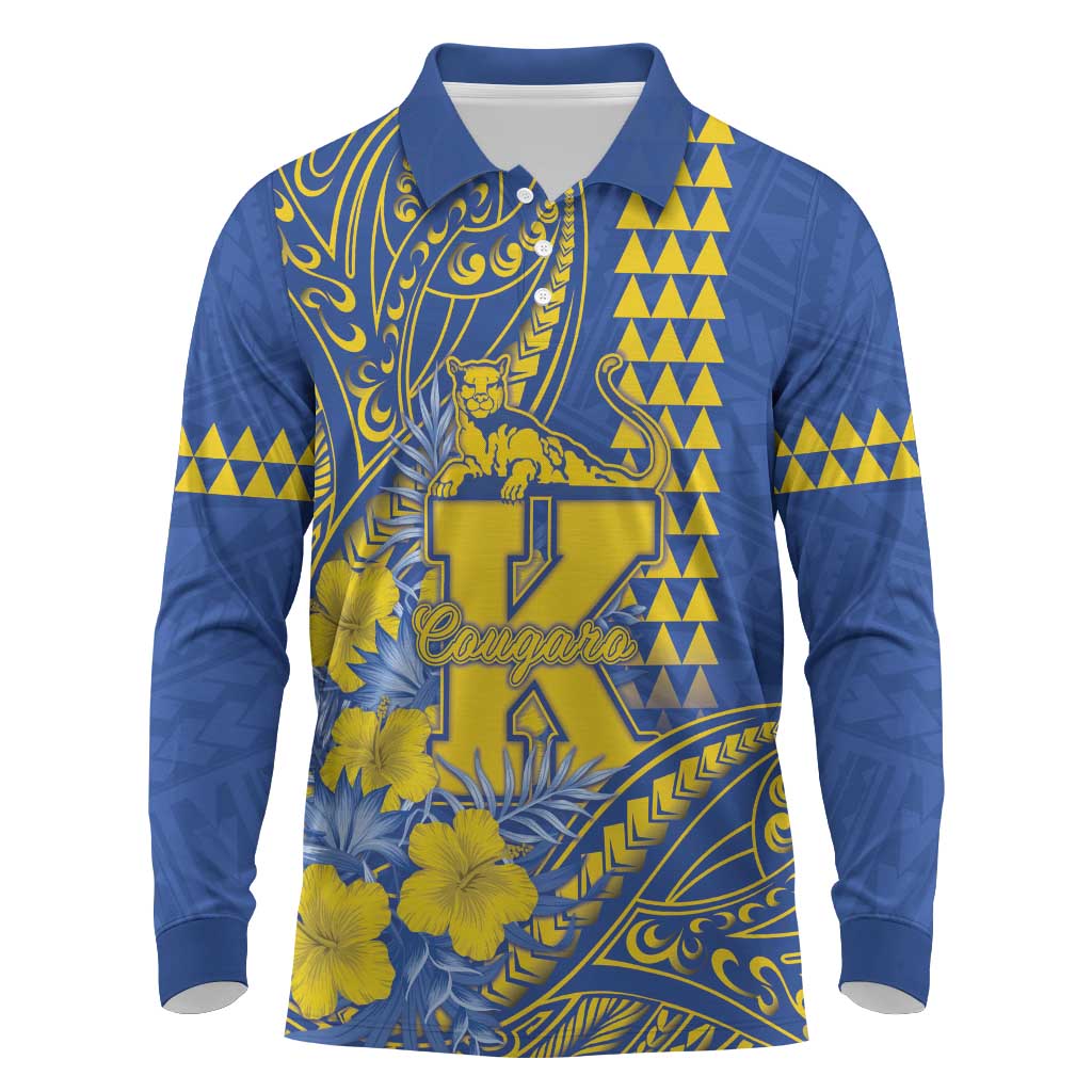 Personalised Hawaii Kaiser High School Long Sleeve Polo Shirt Tribal Tattoo With Hibiscus Flowers LT05 Blue - Polynesian Pride