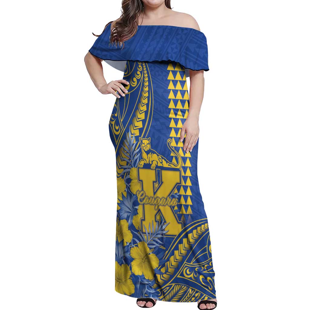 Personalised Hawaii Kaiser High School Off Shoulder Maxi Dress Tribal Tattoo With Hibiscus Flowers LT05 Women Blue - Polynesian Pride