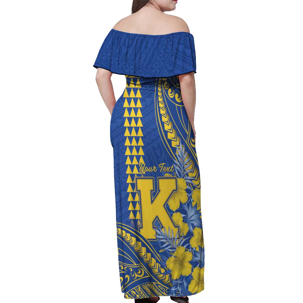 Personalised Hawaii Kaiser High School Off Shoulder Maxi Dress Tribal Tattoo With Hibiscus Flowers LT05 - Polynesian Pride