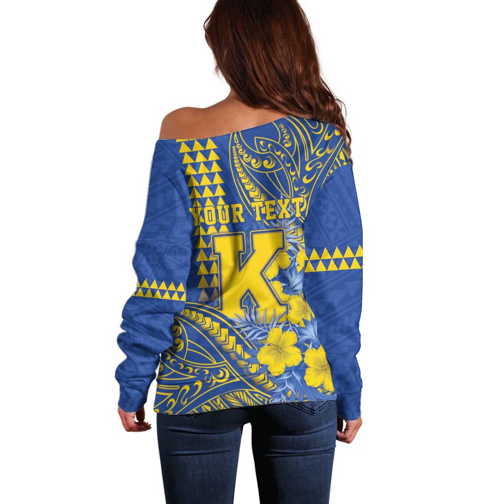 Personalised Hawaii Kaiser High School Off Shoulder Sweater Tribal Tattoo With Hibiscus Flowers LT05 - Polynesian Pride