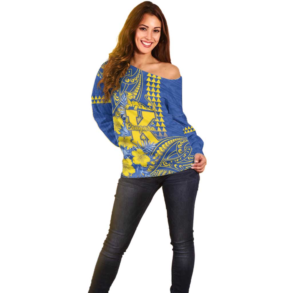 Personalised Hawaii Kaiser High School Off Shoulder Sweater Tribal Tattoo With Hibiscus Flowers LT05 - Polynesian Pride
