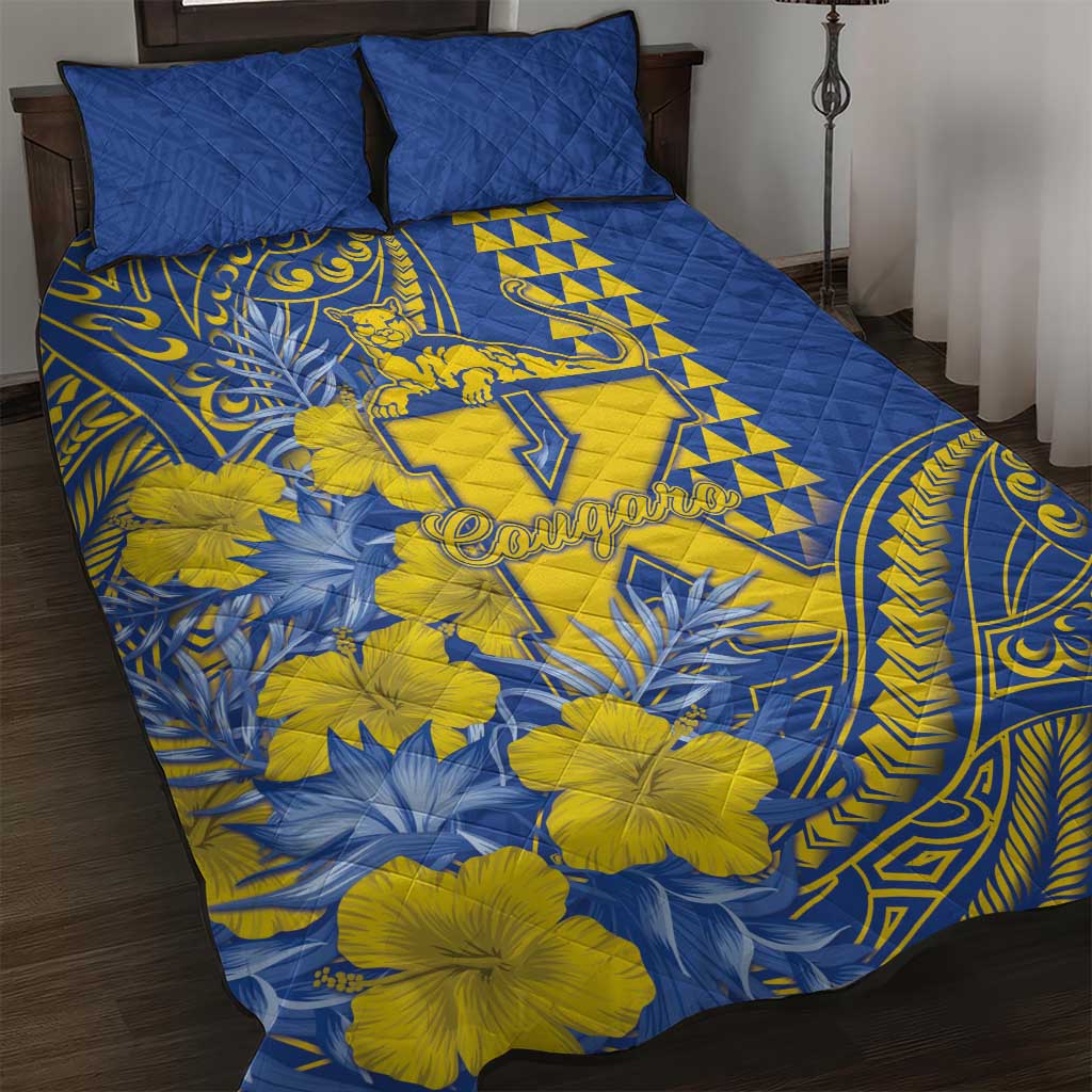 Hawaii Kaiser High School Quilt Bed Set Tribal Tattoo With Hibiscus Flowers LT05 Blue - Polynesian Pride