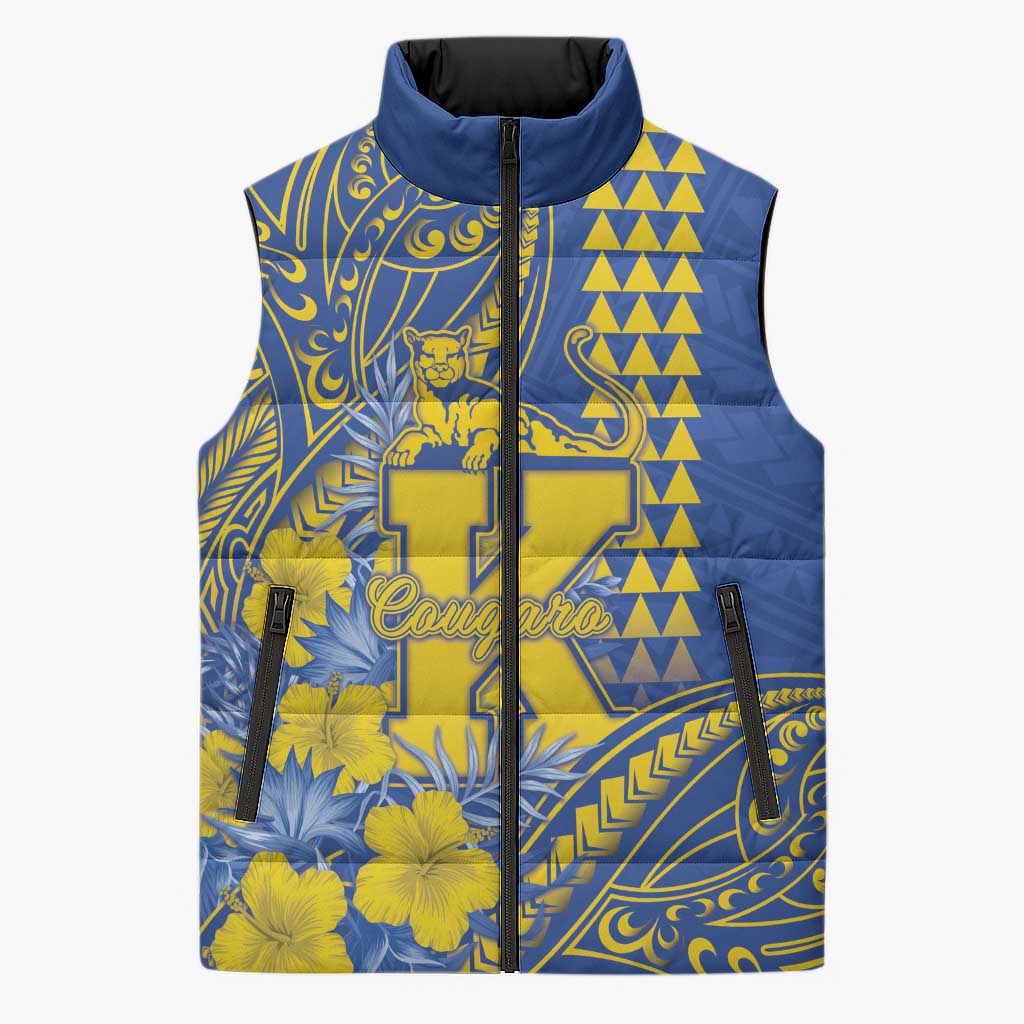 Personalised Hawaii Kaiser High School Sleeveless Puffer Jacket Tribal Tattoo With Hibiscus Flowers