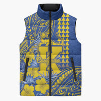 Personalised Hawaii Kaiser High School Sleeveless Puffer Jacket Tribal Tattoo With Hibiscus Flowers LT05 Unisex Blue - Polynesian Pride