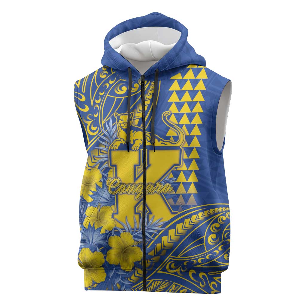 Personalised Hawaii Kaiser High School Sleeveless Zip Hoodie Tribal Tattoo With Hibiscus Flowers