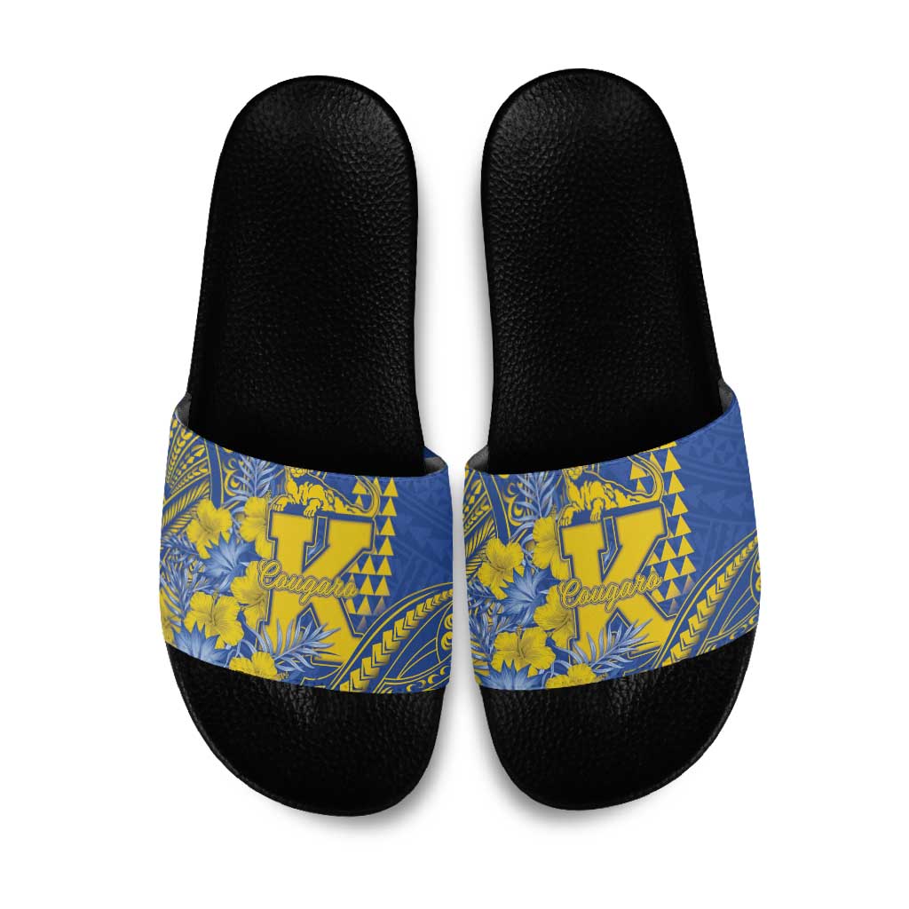 Hawaii Kaiser High School Slide Sandals Tribal Tattoo With Hibiscus Flowers