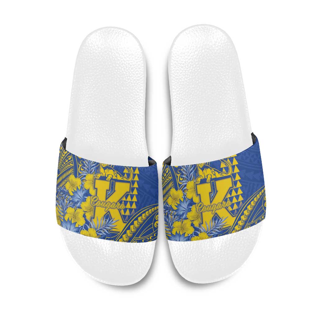 Hawaii Kaiser High School Slide Sandals Tribal Tattoo With Hibiscus Flowers LT05 Blue - Polynesian Pride