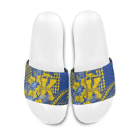Hawaii Kaiser High School Slide Sandals Tribal Tattoo With Hibiscus Flowers LT05 Blue - Polynesian Pride