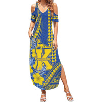 Personalised Hawaii Kaiser High School Summer Maxi Dress Tribal Tattoo With Hibiscus Flowers LT05 Women Blue - Polynesian Pride
