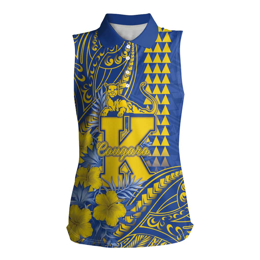 Personalised Hawaii Kaiser High School Women Sleeveless Polo Shirt Tribal Tattoo With Hibiscus Flowers LT05 Female Blue - Polynesian Pride