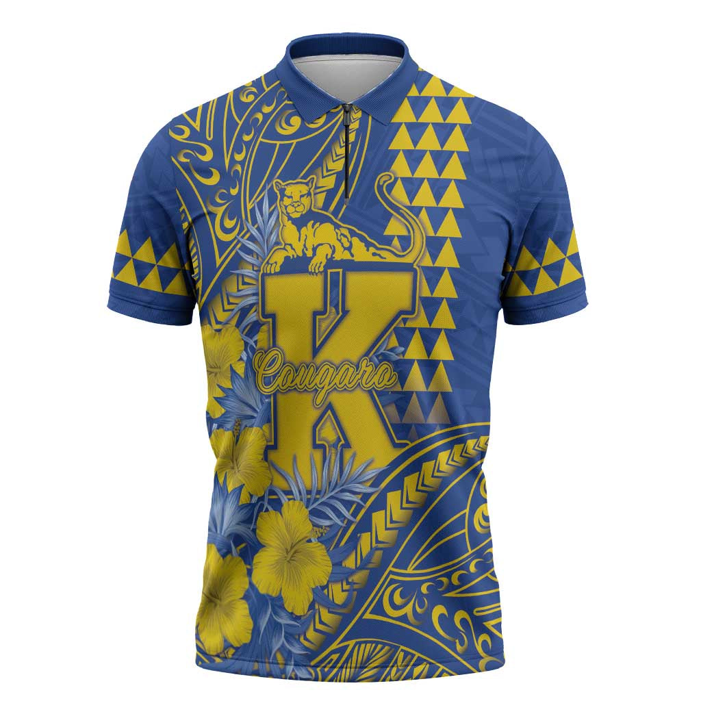 Personalised Hawaii Kaiser High School Zipper Polo Shirt Tribal Tattoo With Hibiscus Flowers