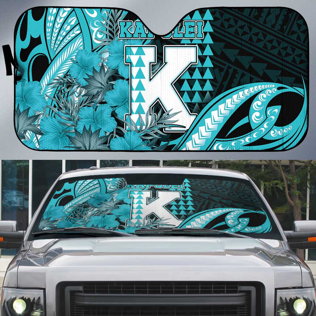 Hawaii Kapolei High School Auto Sun Shade Tribal Tattoo With Hibiscus Flowers LT05 Dark Teal - Polynesian Pride