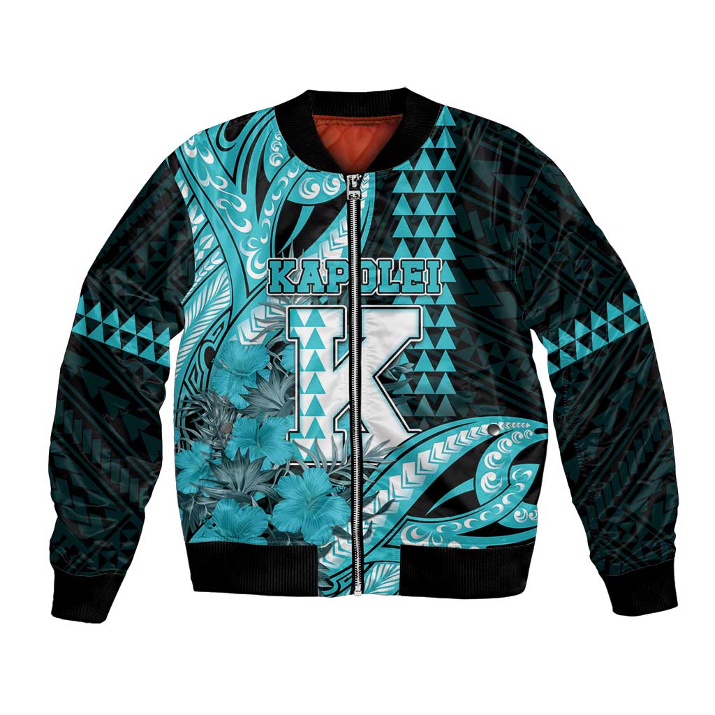 Personalised Hawaii Kapolei High School Bomber Jacket Tribal Tattoo With Hibiscus Flowers LT05 Unisex Dark Teal - Polynesian Pride