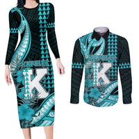 Personalised Hawaii Kapolei High School Couples Matching Long Sleeve Bodycon Dress and Long Sleeve Button Shirt Tribal Tattoo With Hibiscus Flowers