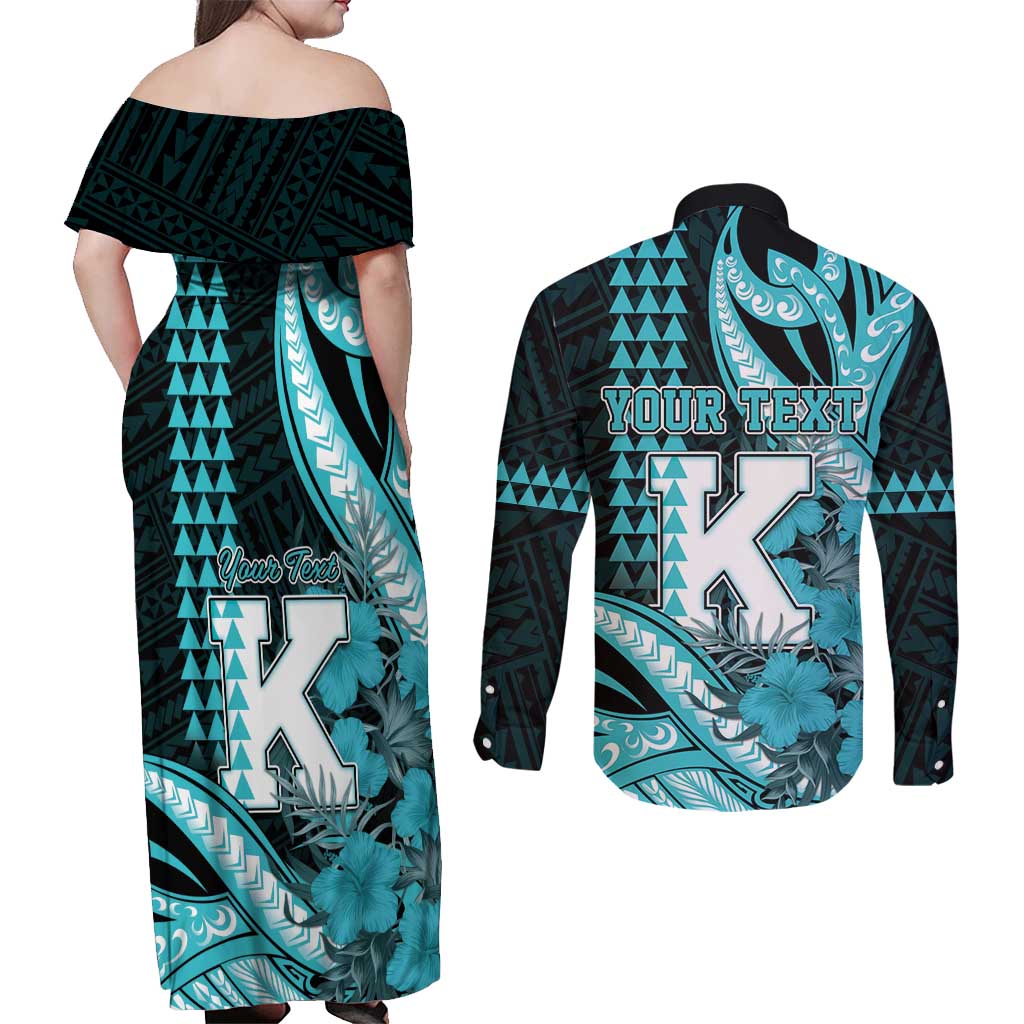 Personalised Hawaii Kapolei High School Couples Matching Off Shoulder Maxi Dress and Long Sleeve Button Shirt Tribal Tattoo With Hibiscus Flowers