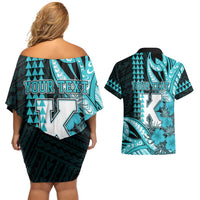 Personalised Hawaii Kapolei High School Couples Matching Off Shoulder Short Dress and Hawaiian Shirt Tribal Tattoo With Hibiscus Flowers