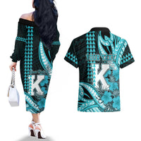 Personalised Hawaii Kapolei High School Couples Matching Off The Shoulder Long Sleeve Dress and Hawaiian Shirt Tribal Tattoo With Hibiscus Flowers